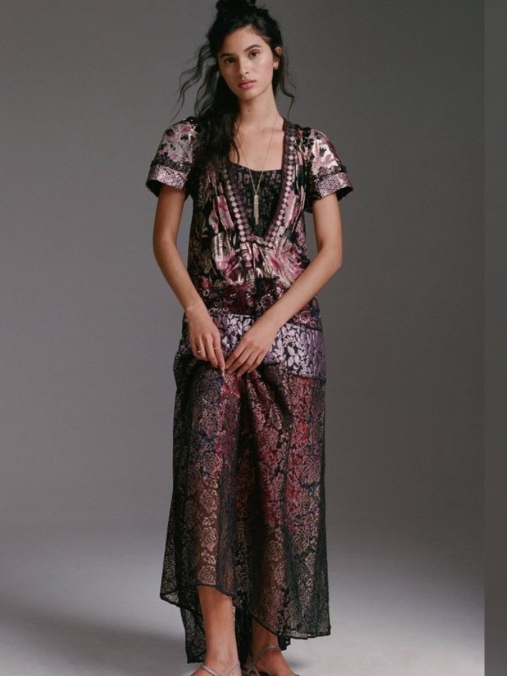 Byron Lars Bohemian Pink and Black Lace Overlay Maxi Dress